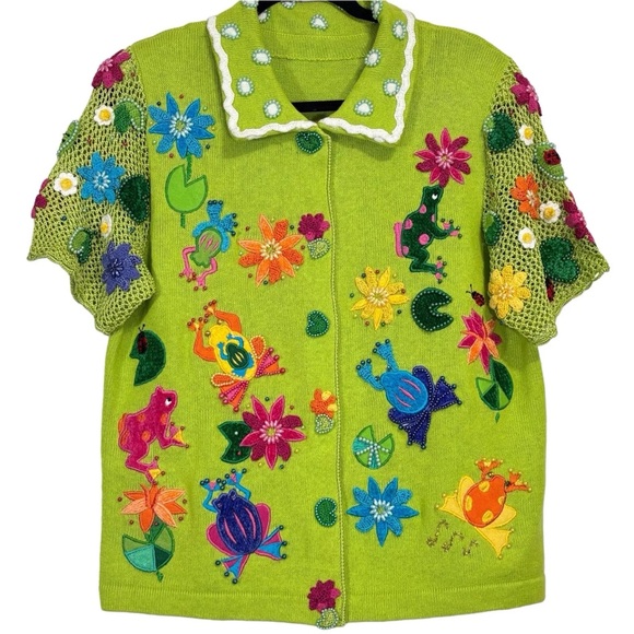 berek Sweaters - BEREK… FROGS 🐸 Hand designed, embroidery, sequined, lime, green sweater!